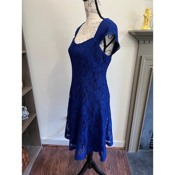 Lauren Ralph Lauren Evening Blue Lace Lined Mini Dress Date Fit Flair Open Back - Picture 3 of 13